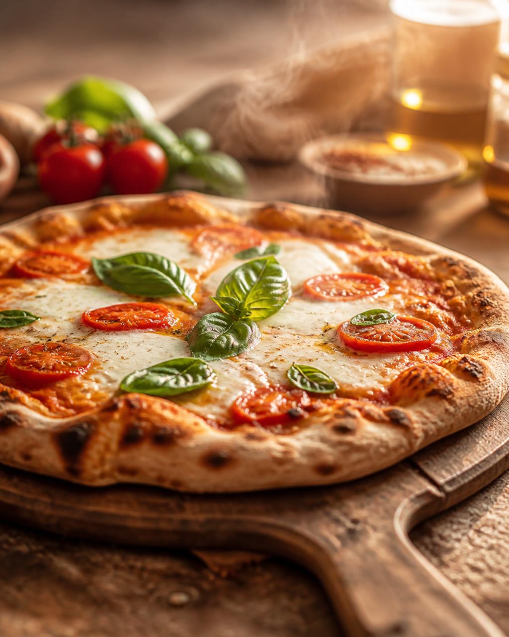 Pizza artesanal gourmet da Kukinha Congelados sobre pá de madeira com manjericão fresco